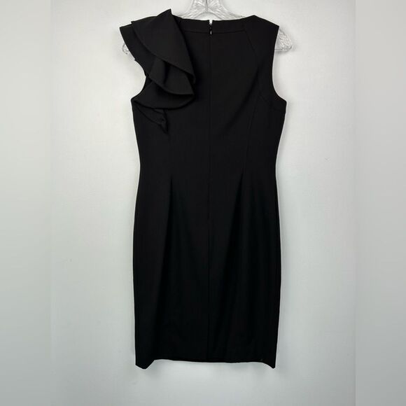 Calvin Klein Ruffle Flutter Sleeve Sheath Dress Black Back Zip Cocktail LBD Sz 4 - Picture 2 of 16